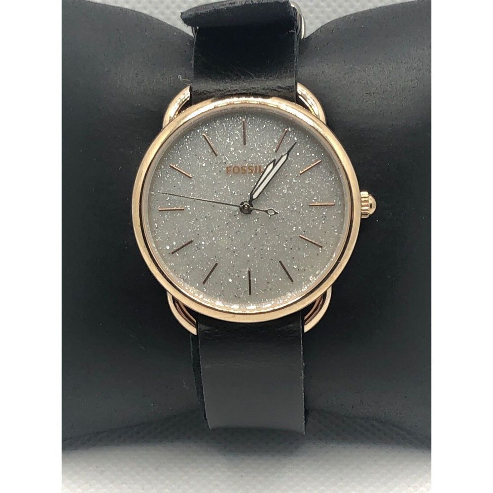 Fossil ES4421 Women's Black Leather Analog Pink Dial Quartz Genuine Watch HK59